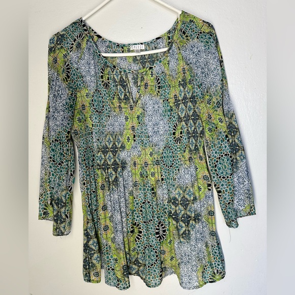 Spense Tops - Spense Green and Blue Patterned Blouse